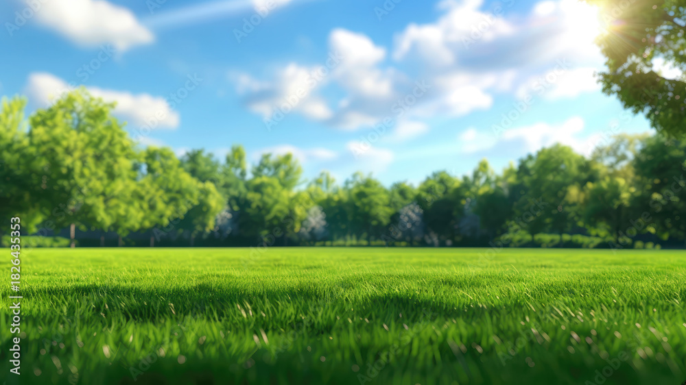 Fototapeta premium Green grass lawn in a sunny park landscape