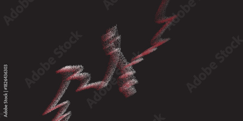 A dark, abstract digital background featuring a stylized, jagged, and fractured lightning bolt or energetic current, composed of numerous fine, scattered, and faintly glowing particles or short stroke