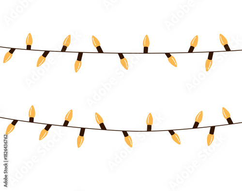 Cartoon vector illustration of a glowing Christmas bulb wreath light chain in an arc shape, isolated on white background. Clip art for festive banners and winter design