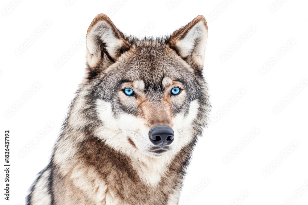 Fototapeta premium A close-up portrait of a majestic wolf with striking blue eyes. its detailed fur and features against a stark white background. ideal for wildlife photography and nature-themed projects