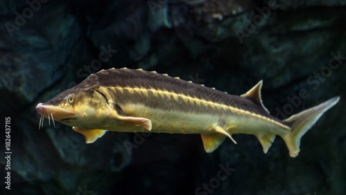 Sturgeon swims gracefully in aquarium with rocky backdrop. Armored body, barbels, and yellowish hue highlight this ancient fish in clear water.