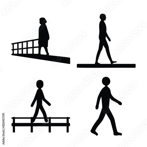 Silhouettes of people walking, various postures and paths