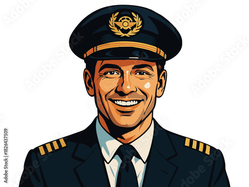 happy male airline pilot in uniform, representing aviation, travel, and professionalism. Generative ai vector colorful pop art illustration.