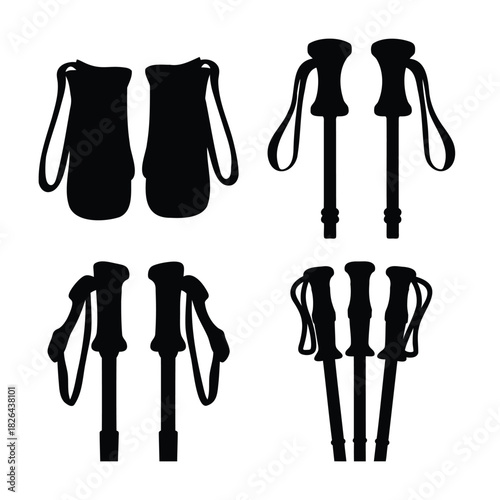 Outdoor walking and trekking pole gear silhouette icons set