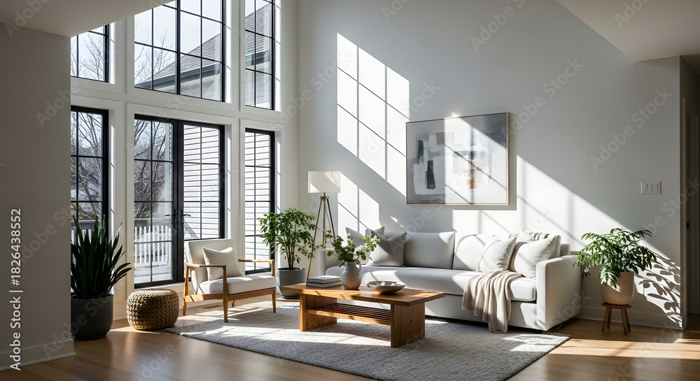 Fototapeta premium Modern living room interior with white furniture and contemporary design