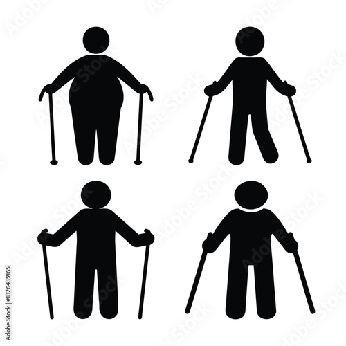 Icons of active aging, mobility, people with walking aids