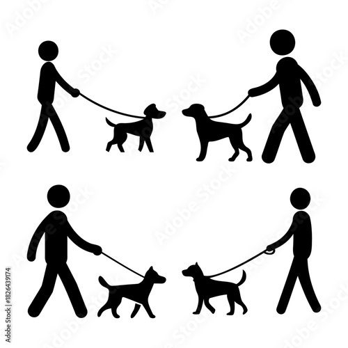 People walking dogs on leash icon set, pet ownership concept