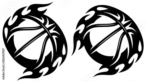 Tribal Basketball Fire Flame Emblems in Black and White Silhouette, Perfect for Sports Logos, Tattoos, and Athletic Brand Identity Designs.