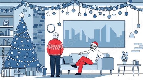 Senior Men Celebrating Christmas in Decorated Living Room with Tree and Presents