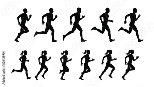 Running People Silhouettes Set: Male and Female Athletes in Motion Sequence. Sprinter Stride Cycles. Vector Illustration for Sport, Fitness, and Animation Design.