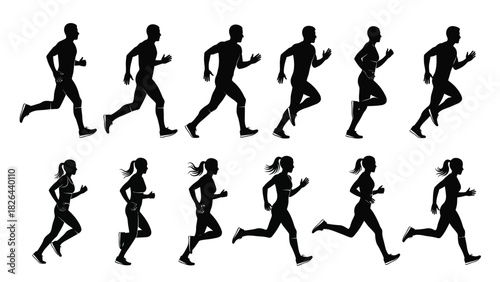 Running People Silhouettes Set: Male and Female Runners in Various Action Poses. Vector Illustration for Sports and Fitness Design