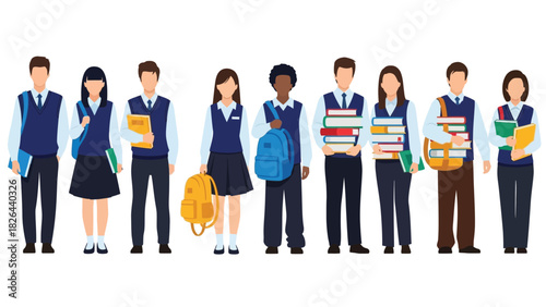 Diverse Group of Students in School Uniforms Holding Books and Backpacks - Education Vector Illustration