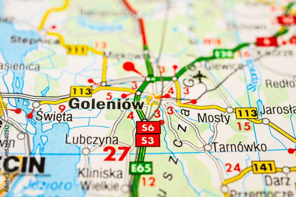 Naklejka premium Macro map detail highlighting Goleniow and surrounding routes near Szczecin Poland.