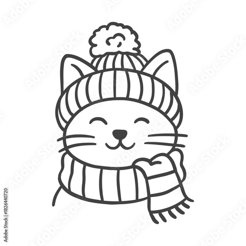 Cute winter cat in a knitted hat and scarf. Hand-drawn outline illustration of a smiling kitten in warm clothes. Cozy holiday and seasonal design for prints, cards, and decoration.