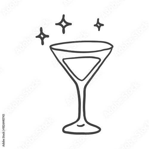 A minimal hand-drawn martini glass with sparkles above it, conveying a festive, celebratory mood in a simple doodle style.