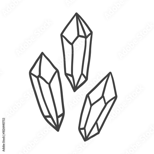 Minimalist line art illustration of three geometric crystals. Clean outline drawing suitable for stickers, coloring pages, boho designs and elegant decorative themes.