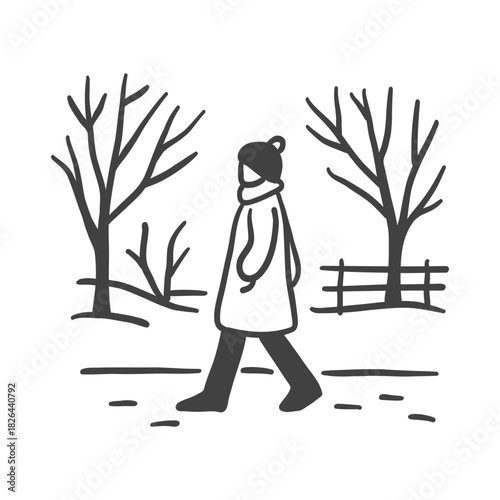 Minimalist vector illustration: a person in winter clothes (coat, hat, scarf) walks alone in a snowy park between bare trees. Monochrome drawing, winter, solitude