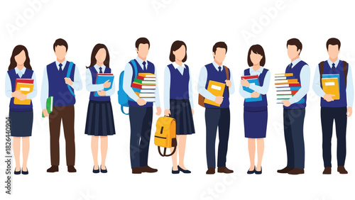 Group of Students in School Uniforms Holding Books and Backpacks. Back to School Concept Vector Illustration