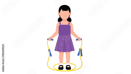 Little girl playing with a jump rope. Child exercising with skipping rope in flat vector illustration style.