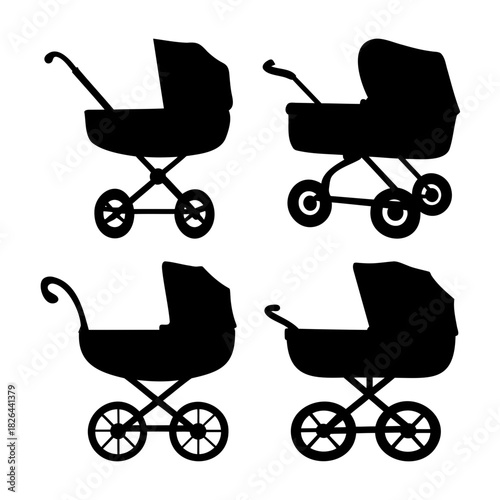Four black baby carriage stroller pram silhouettes icon set