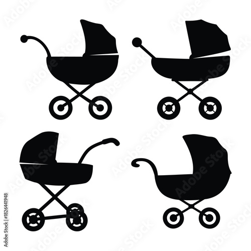 Black baby carriage pram stroller silhouettes icon set vector