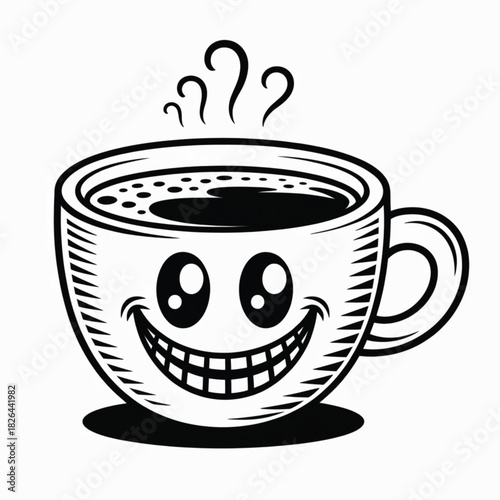 Black and White Cartoon Coffee Cup With Happy Face