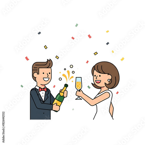 Couple celebrating together by opening a champagne bottle.