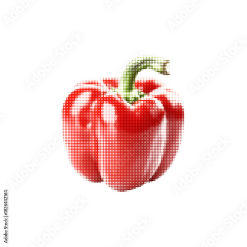 Halftone illustration of a fresh red bell pepper with a glossy surface and green stem. Symbolizes health, freshness, cooking ingredients, and vibrant natural flavor.