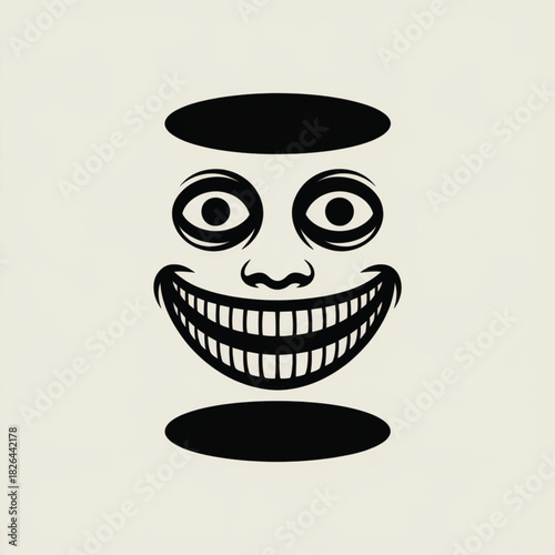 Black and White Cartoon Face With Wide Grin and Oval Shapes