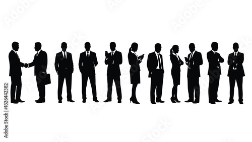 Row of Diverse Business People Silhouettes Including Handshake and Mobile Phone Users