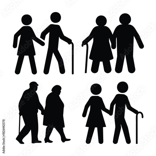 Elderly people icons, senior couple walking with assistance