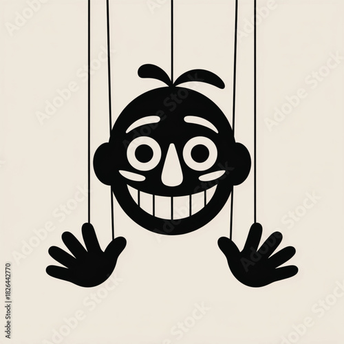 Black Silhouette Puppet Head With Open Hands And Strings