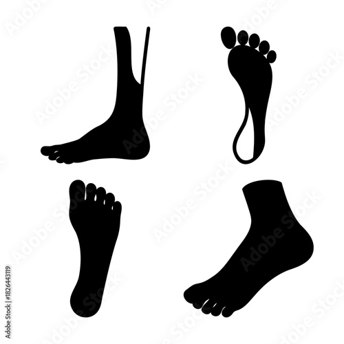 Human feet silhouettes various angles, side and sole views