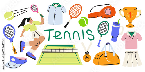 Tennis stickers set in cartoon doodle style. Sports equipment, tennis racket, tennis player, ball, sports uniform, winning cup, tennis court. Competition match attributes