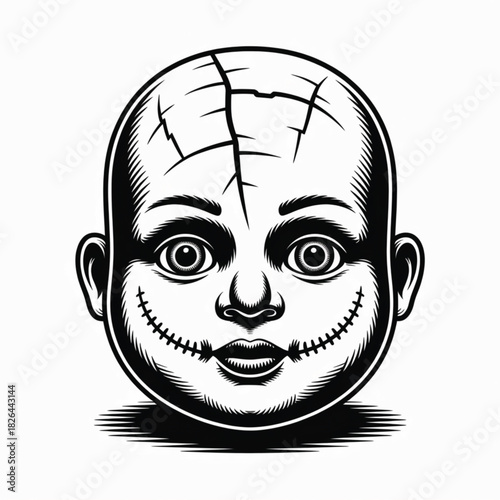 Creepy Cracked Doll Head with Stitched Mouth Keywords: doll, head, creepy, cracked, stitched