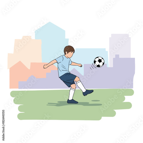 Illustration of a boy kicking a soccer ball on a green field with a cityscape background in a colorful, cartoonish style.