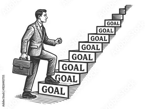 businessman climbing a staircase labeled Goal on each step, progress, ambition, and success sketch engraving generative ai fictional character vector illustration. Scratch board. Black and white.