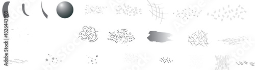 Abstract grayscale textures and shapes on black background. A collection of abstract, grayscale visual elements including streaks, organic shapes, and textured patterns against a stark black backdrop.