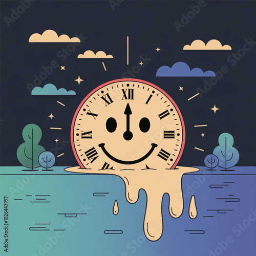 Melting Clock with Happy Face in a Stylized Landscape