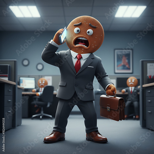 Corporate gingerbread employee with a panicked expression talking on a smartphone and holding a briefcase against a blurred modern office interior background