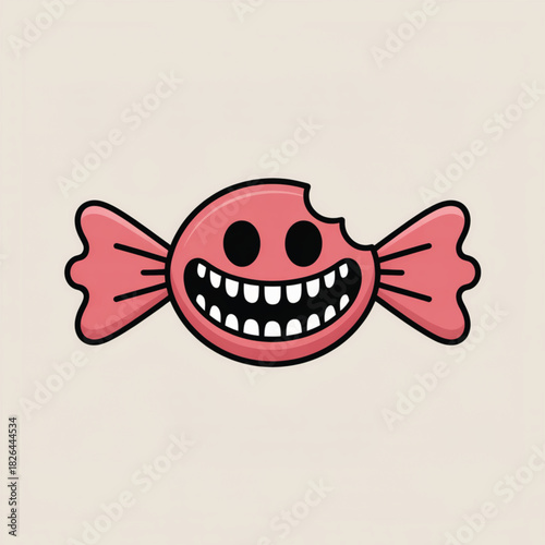 Pink candy with a bite mark and a grinning face Keywords: candy, sweet, treat, food, pink