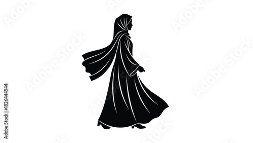 Elegant Muslim Woman in Silhouette Wearing Hijab and Flowing Abaya, Vector Illustration