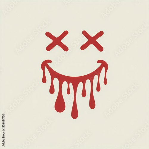 Red Dripping Smiley Face With X Eyes On White background