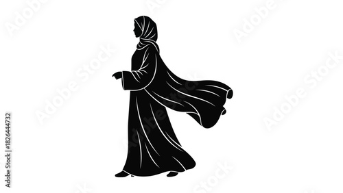 Silhouette of a Walking Muslim Woman Wearing Hijab and Abaya with Flowing Robe Vector Illustration