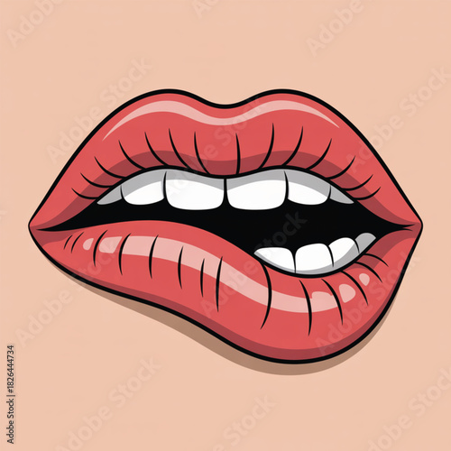 Red lips biting lower lip with white teeth mouth