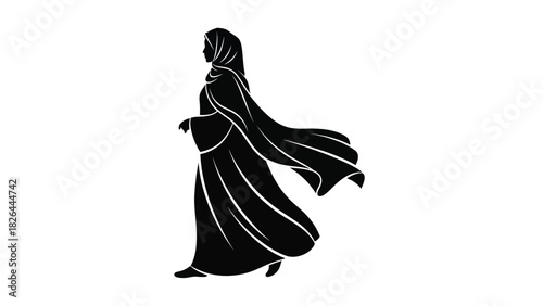 Silhouette of a walking Muslim woman wearing a hijab and abaya with flowing fabric, isolated black vector illustration in profile.