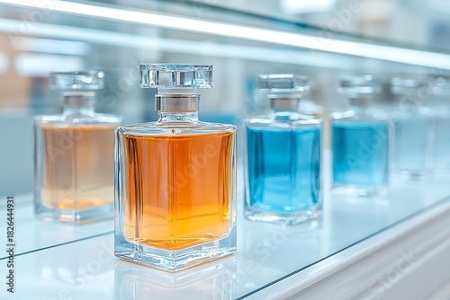 Elegant Glass Perfume Bottles in Showcase Displaying Vibrant Colors and Clear Design