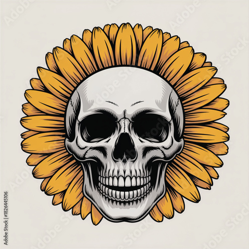 Skull and Sunflower Artwork on Light Background human skull