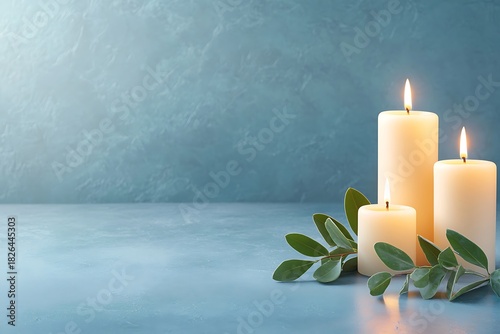Tranquil Scene of Lit Candles with Greenery on Soft Blue Surface for Relaxation and Calmness
