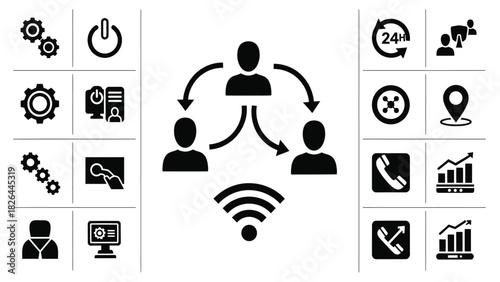 Technology and Communication Icon Set: Networking, Settings, Business Data, and Support Vector Glyphs
